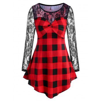

Plaid Twisted Front Lace Panel Plus Size Top, Red