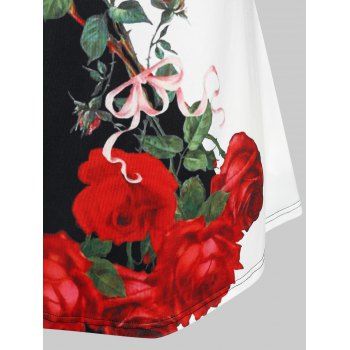 Plus Size Cold Shoulder Lace Panel Rose Print Tee