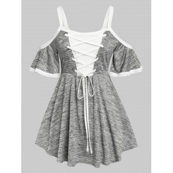 

Plus Size Lace Up Cold Shoulder T Shirt, Gray