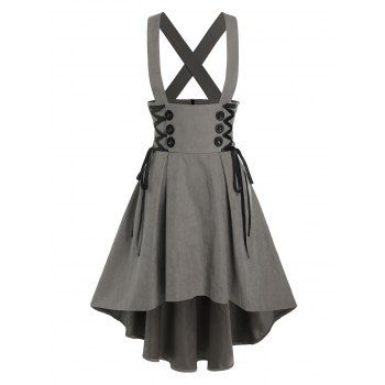 

Mock Button Lace-up Suspender High Low Skirt, Gray