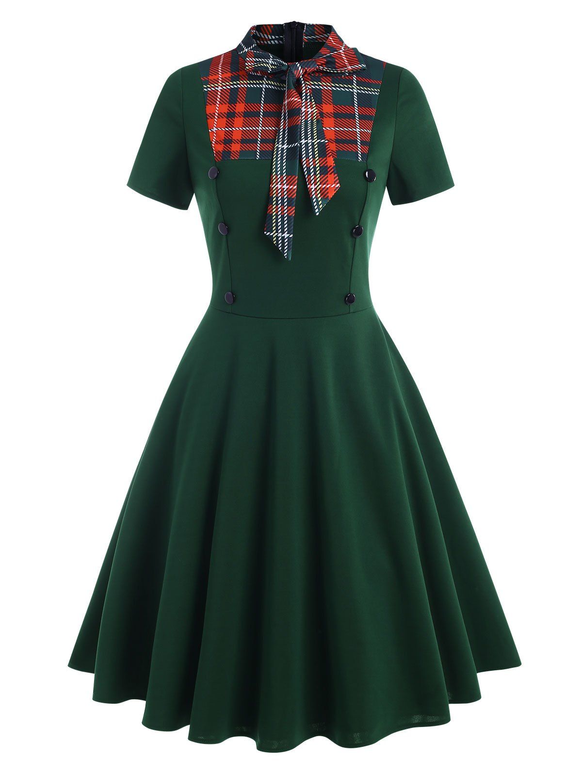 Vintage Dress Plaid Print Insert A Line Dress Bowknot Tie Collar Dress Mock Button Short Sleeve Dress - DEEP GREEN S