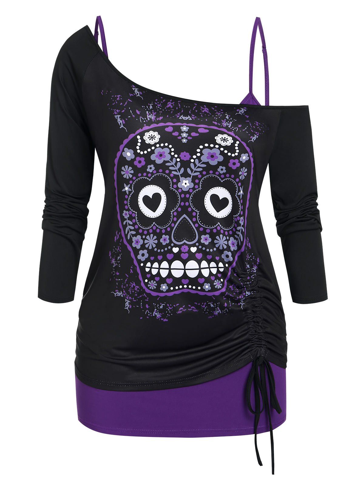 Plus Size Skull Skew Collar Cinched T-shirt and Cami Top Set - PURPLE 1X