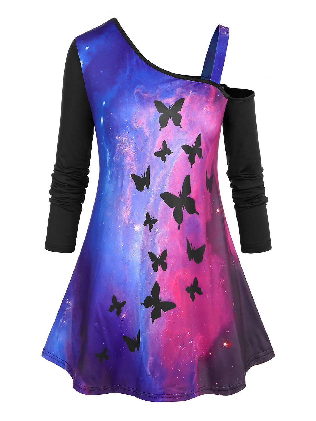 T-shirt Teinté Galaxie Papillon de Grande Taille à Col Oblique - Noir 2X