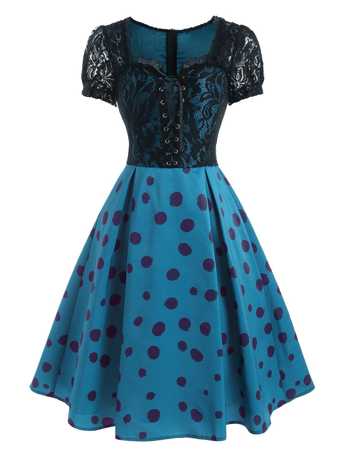 Vintage Lace Sheer Polka Dot Lace Up Corset Style Puff Sleeve Flare Dress - BLUE M