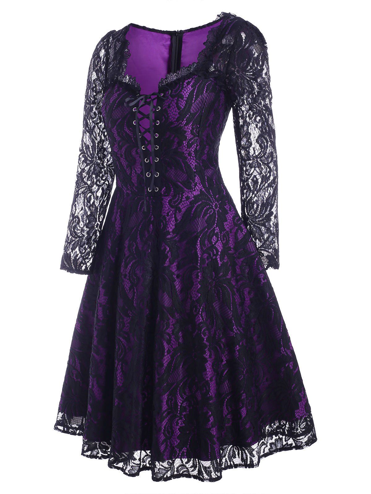 Vintage Gothic Lace Sheer Lace Up A Line Dress - PURPLE L