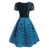 Vintage Lace Sheer Polka Dot Lace Up Corset Style Puff Sleeve Flare Dress - BLUE XL