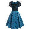 Vintage Lace Sheer Polka Dot Lace Up Corset Style Puff Sleeve Flare Dress - BLUE XL