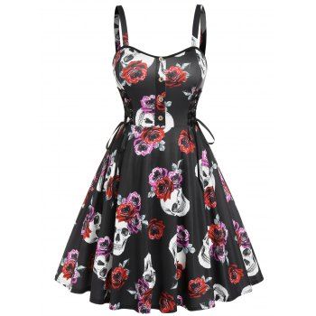 

Plus Size Lace Up Rose Skull Print Halloween Dress, Black
