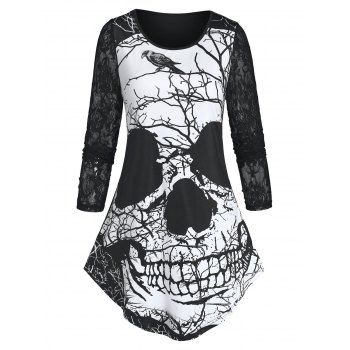 

Branch Bird Skull Printed Lace T Shirt, Black