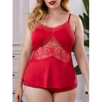 

Lace Panel Scalloped Trim Plus Size Sleep Cami Set, Red