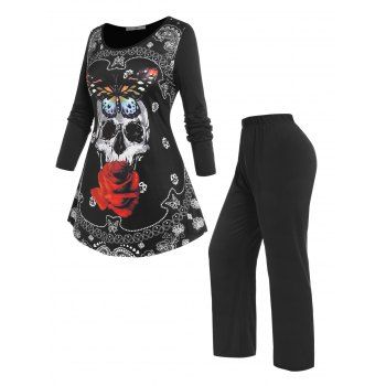 Cheap Women Plus Size Halloween Skull Print T-shirt and Pants Pajamas Set Clothing Online L Multicolor