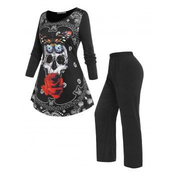 

Plus Size Halloween Skull Print T-shirt and Pants Pajamas Set, Multicolor
