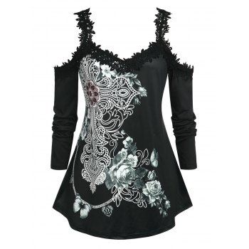 

Plus Size Cold Shoulder Lace Trim Printed T-shirt, Black