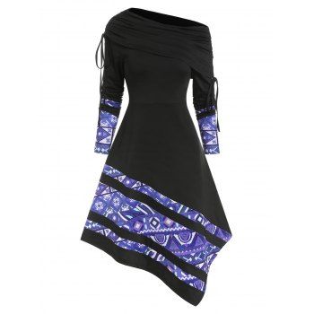 

Skew Neck Printed Cinched Asymmetric Dress, Black