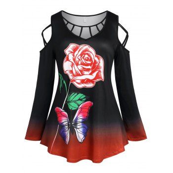 

Plus Size Cold Shoulder Cutout Rose Butterfly Print T-shirt, Black