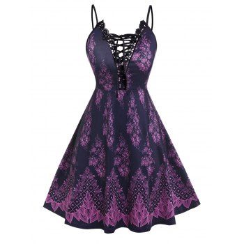 

Plus Size Flower Print Lace Up Cami Dress, Purple