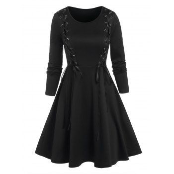 

Ribbon Lace Up Round Neck Flare Dress, Black