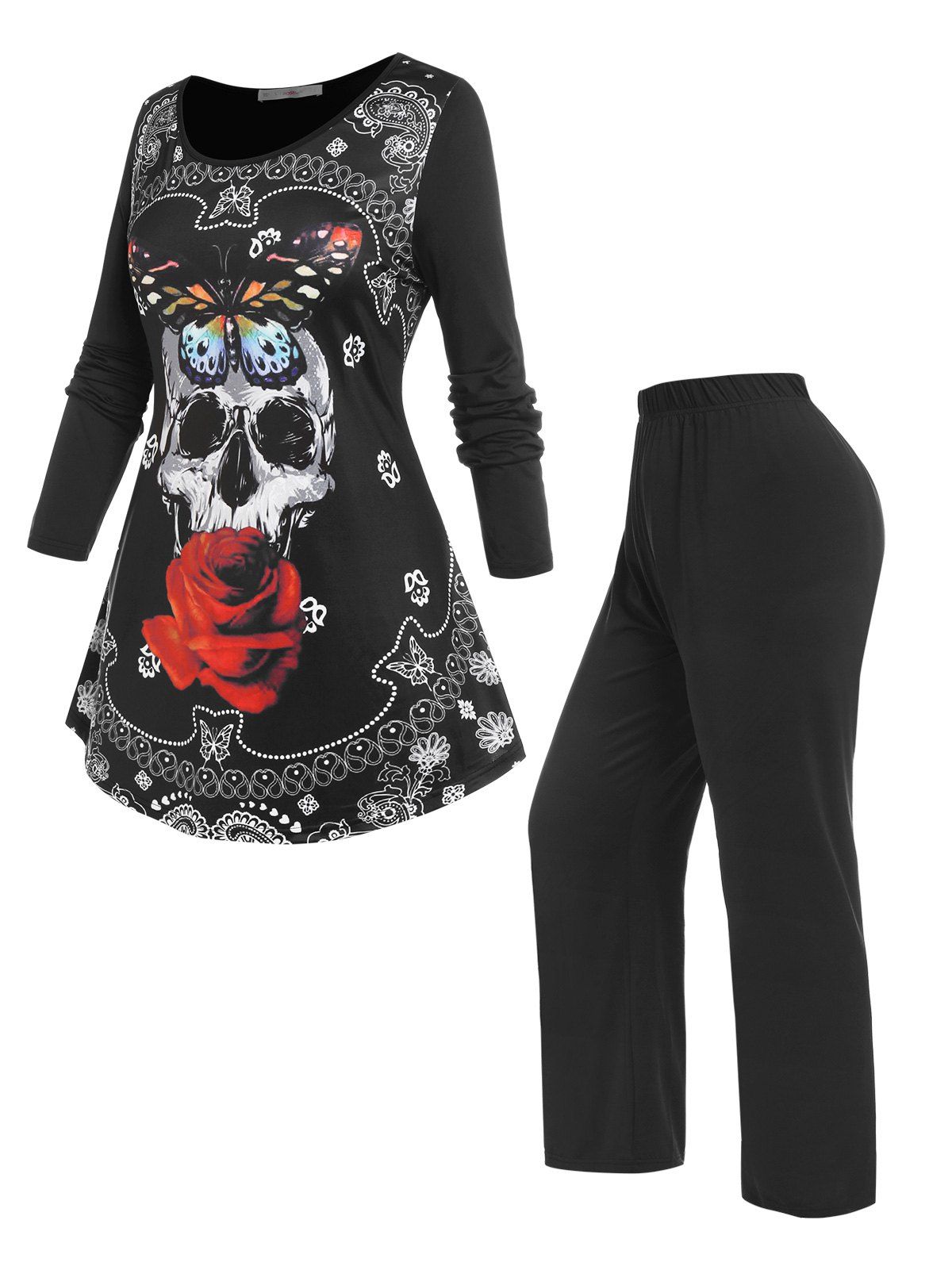 Plus Size Halloween Skull Print T-shirt and Pants Pajamas Set - multicolor 2X