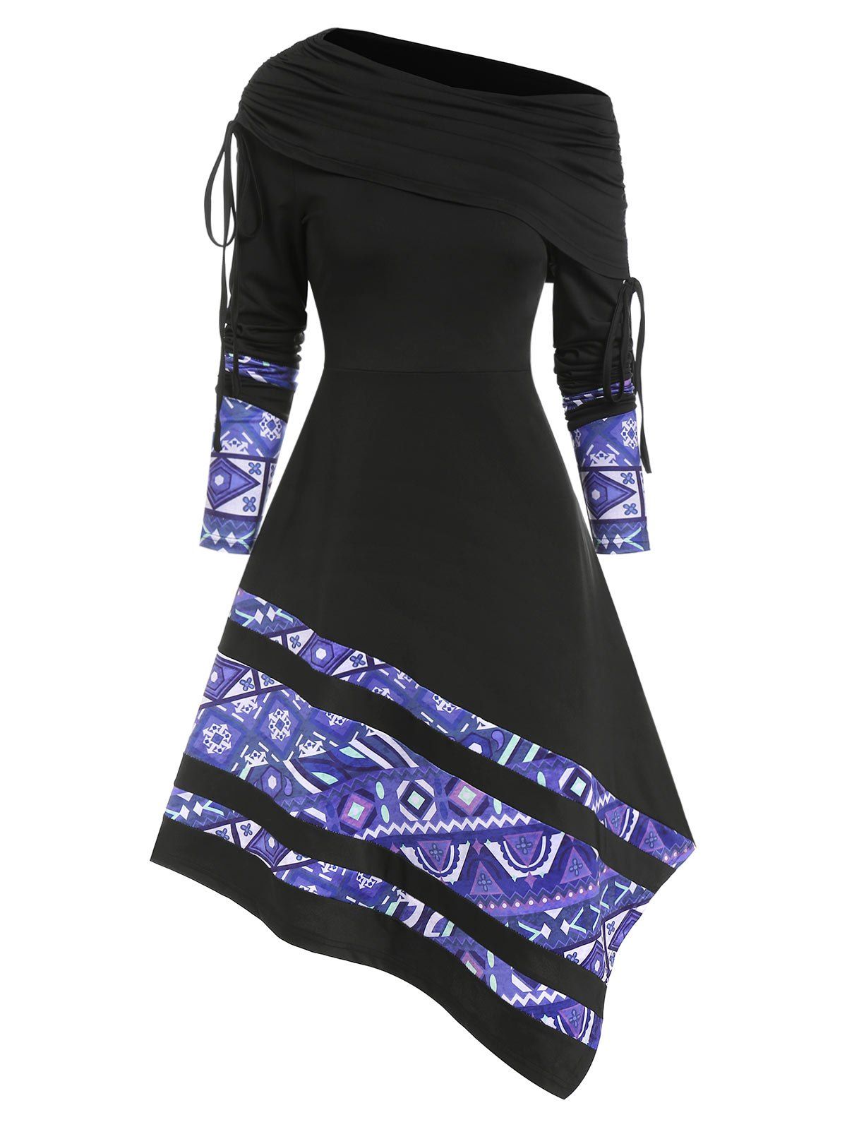 Skew Neck Printed Cinched Asymmetric Dress - BLACK L