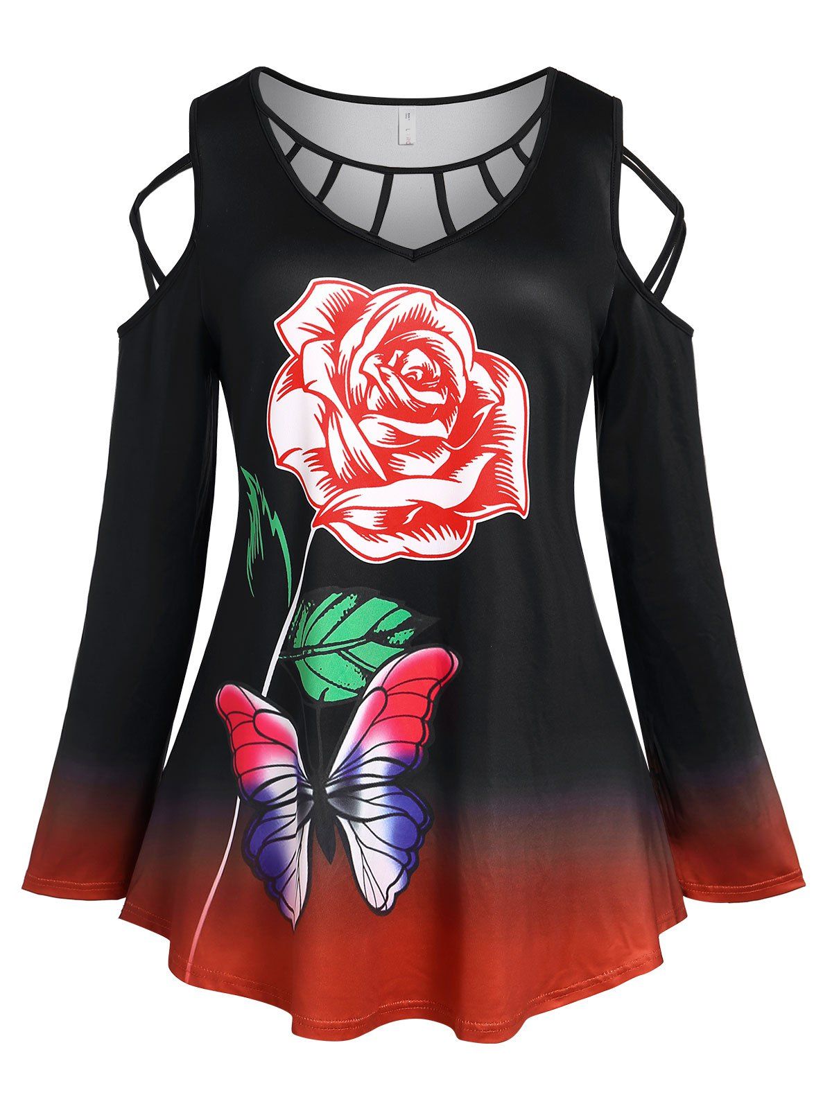 Plus Size Cold Shoulder Cutout Rose Butterfly Print T-shirt - BLACK 5X