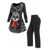 Ensemble de Pyjama D'Halloween T-shirt à Imprimé Crâne de Grande Taille et Pantalon - multicolor 4X