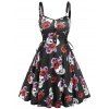 Robe avec Lacets à Imprimé Crâne et Roses D'Halloween Grande-Taille - Noir 1X