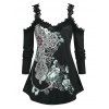 T-shirt imprimé à bordure en dentelle à épaules dénudées de grande taille - Noir 2X