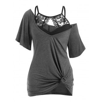 

Plus Size Convertible Collar T-shirt and Lace Cami Top Set, Dark gray