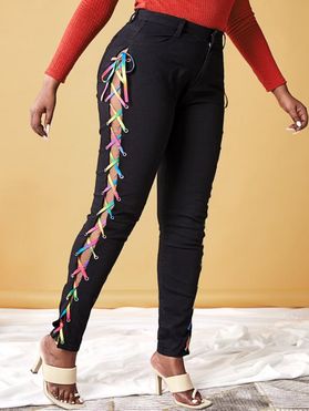 Plus Size Rainbow Lace Up High Rise Jeans
