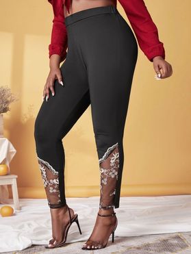 Plus Size Embroidered Mesh Panel Skinny Pants