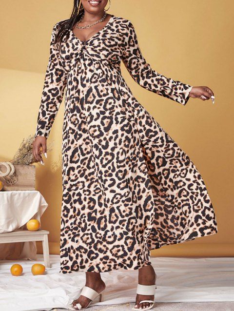 Plus Size Leopard Print Front Twist High Slit Dress
