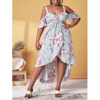

Plus Size Cold Shoulder Front Twist Floral Print Maxi Dress, Light blue