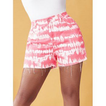 

Plus Size Tie Dye Frayed Hem Denim Shorts, Light pink