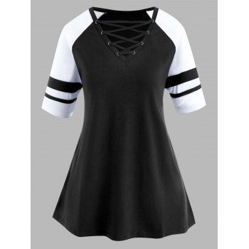 

Lattice Raglan Sleeve Stripes Panel Plus Size Top, Black