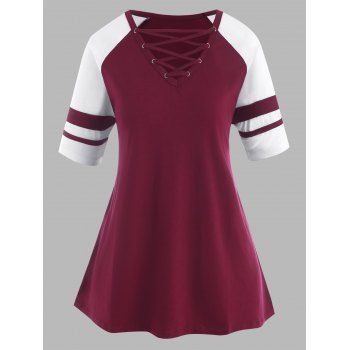 

Lattice Raglan Sleeve Stripes Panel Plus Size Top, Deep red