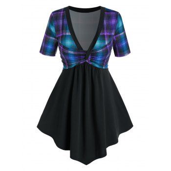 

Plus Size Twisted Plaid Plunging Longline T Shirt, Deep green