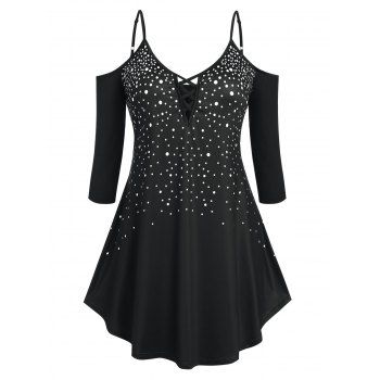 

Plus Size Lattice Polka Dot Open Shoulder T-shirt, Black