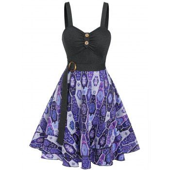 

Ruched Tribal Print Fit and Flare Dress, Black