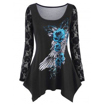 

Flower Butterfly Wing Print Lace Insert Handkerchief T Shirt, Black