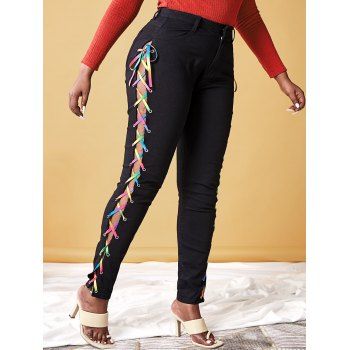 

Plus Size Rainbow Lace Up High Rise Jeans, Black