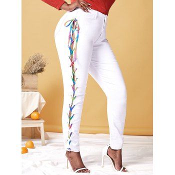 Plus Size Rainbow Lace Up High Rise Jeans, White