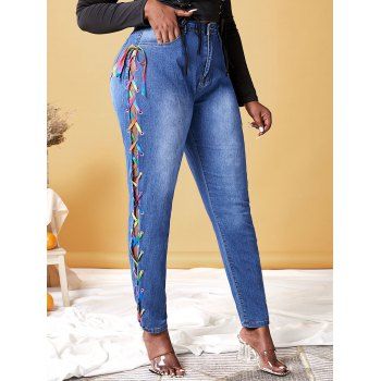 

Plus Size Rainbow Lace Up High Rise Jeans, Blue