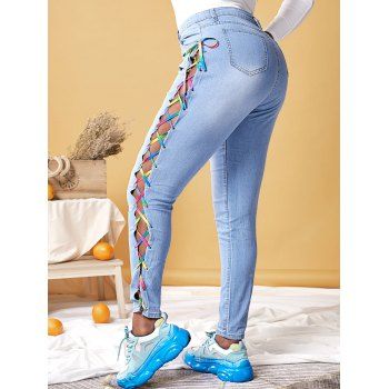 

Plus Size Rainbow Lace Up High Rise Jeans, Light blue