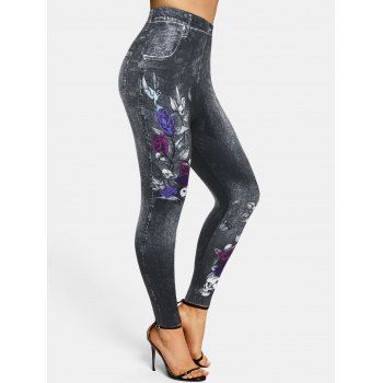 

Skulls Flowers 3D Print Skinny Jeggings, Black