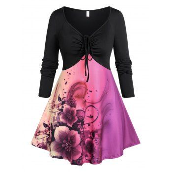 Plus Size Front Knot Floral Print T-shirt, Black