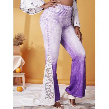 

Plus Size Lace Insert 3D Jean Print Bell Pants, Light purple