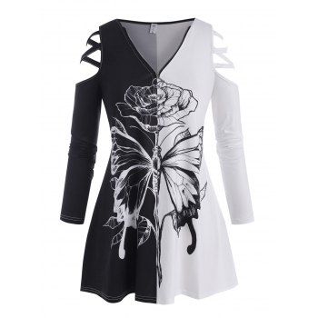 

Plus Size Flower Butterfly Lattice Open Shoulder Tee, Black