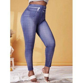 Plus Size High Rise 3D Denim Print Jeggings, Blue