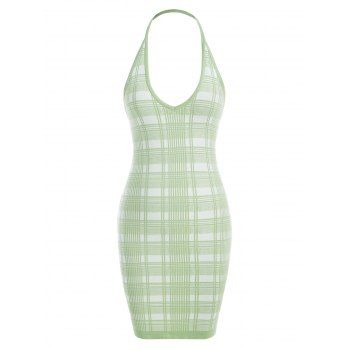 Plus Size Halter Plaid Knitted Slinky Bodycon Dress, Light green