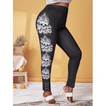 

Plus Size Skull Print O Rings Halloween Leggings, Black